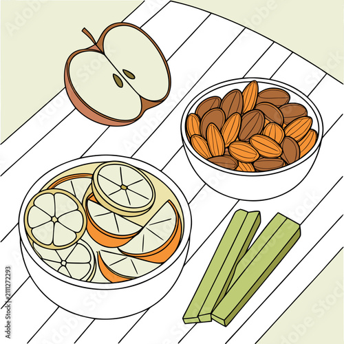 Foto Assorted fresh fruits and nuts on a wooden table with vitamins vegetables minera