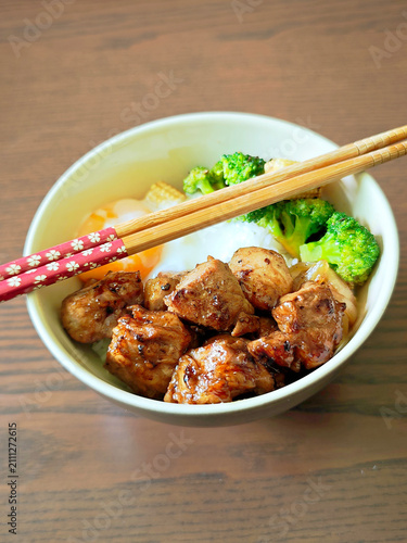 Japanese-style diced pork steak with onsen egg.