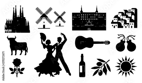 фотографія Spain travel landmark vector collection with flamenco bullfight traditional buil