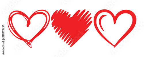 Принти на полотні Three different hand drawn red heart shapes isolated on white background for valentine day design