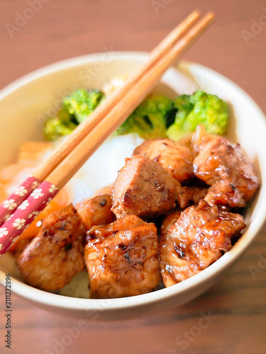 Japanese-style diced pork steak with onsen egg.