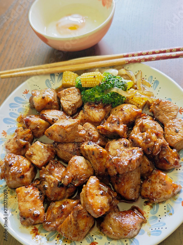 Japanese-style diced pork steak with onsen egg.