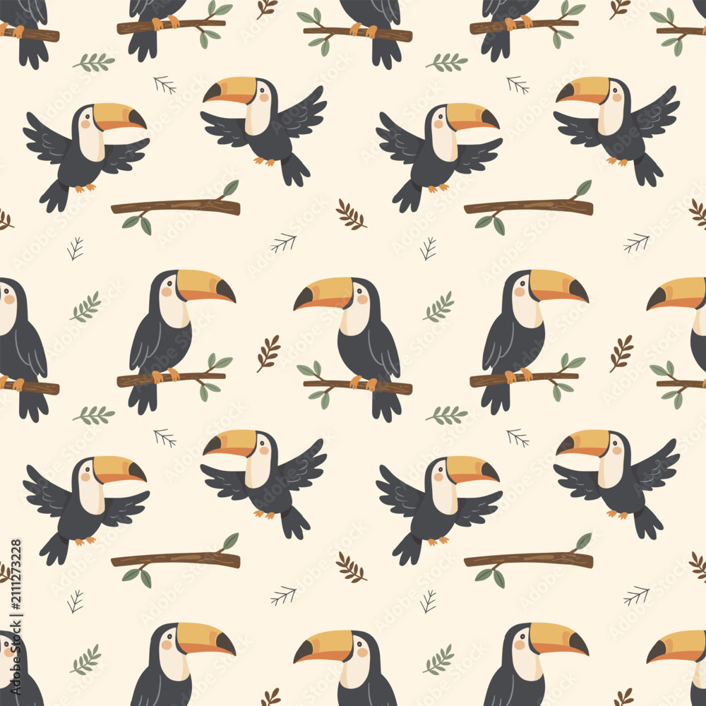 Obraz premium Toucan Bird Seamless Pattern, Kawaii Cute Tropical Jungle Animal Cartoon Background with Tree Branch Leaf Illustration, Minimalist Muted Earth Tones Nursery Kids Repeatable Surface Wallpaper