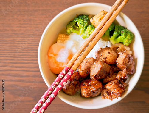 Japanese-style diced pork steak with onsen egg.