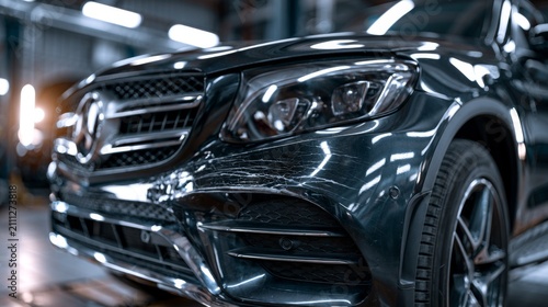 Detailed Close-Up of Cracked Paint on Luxury SUV Bumper in Automotive Workshop Environment