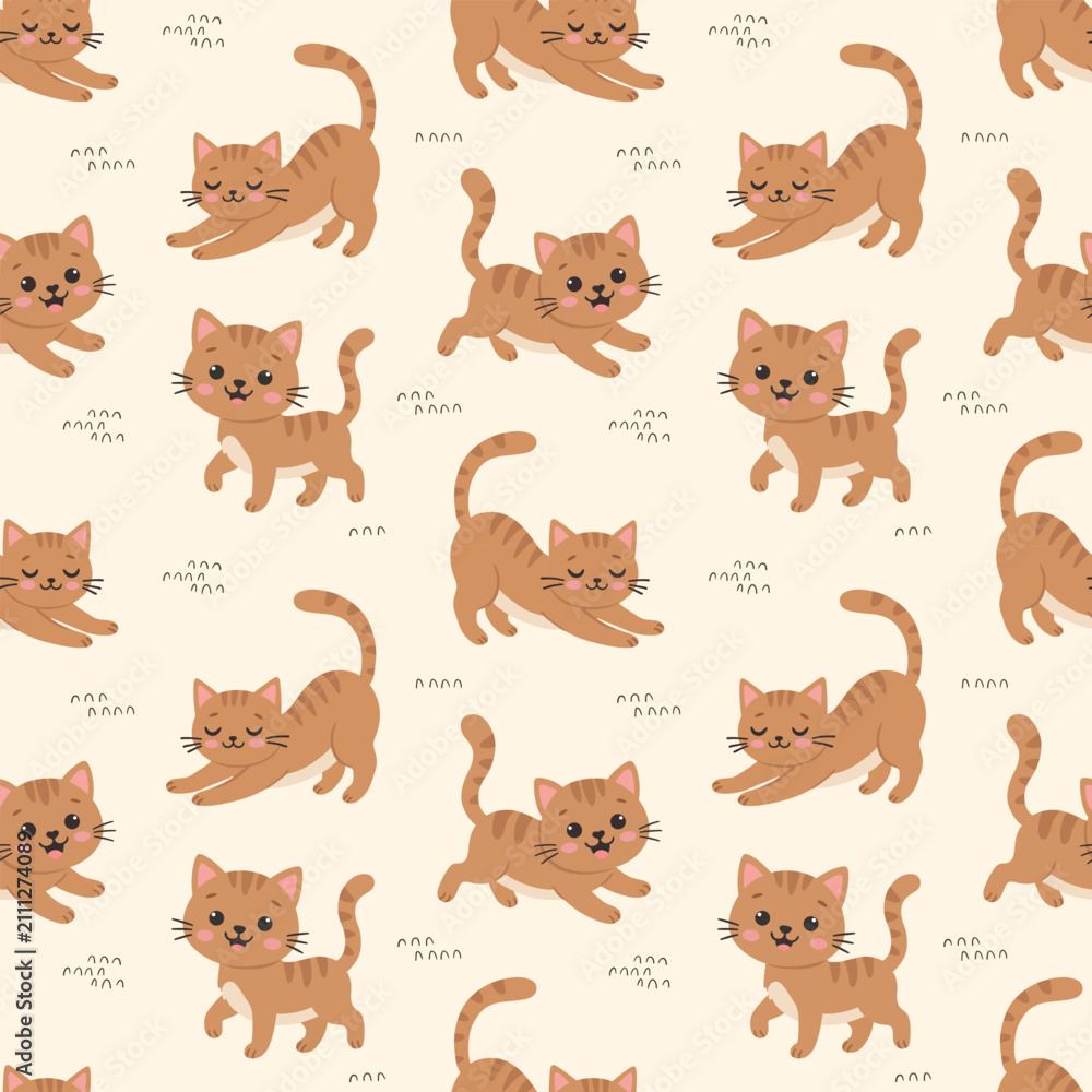 Obraz premium Cute Cat Seamless Pattern, Kawaii Orange Tabby Kitten Cartoon Background with Playful Stretching Illustration, Minimalist Muted Pastel Earth Tones Nursery Kids Repeatable Surface Wallpaper