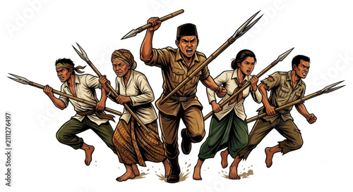 Cuadro en lienzo Indonesian Freedom Fighters Charging with Bamboo Spears Vector Illustration Isol