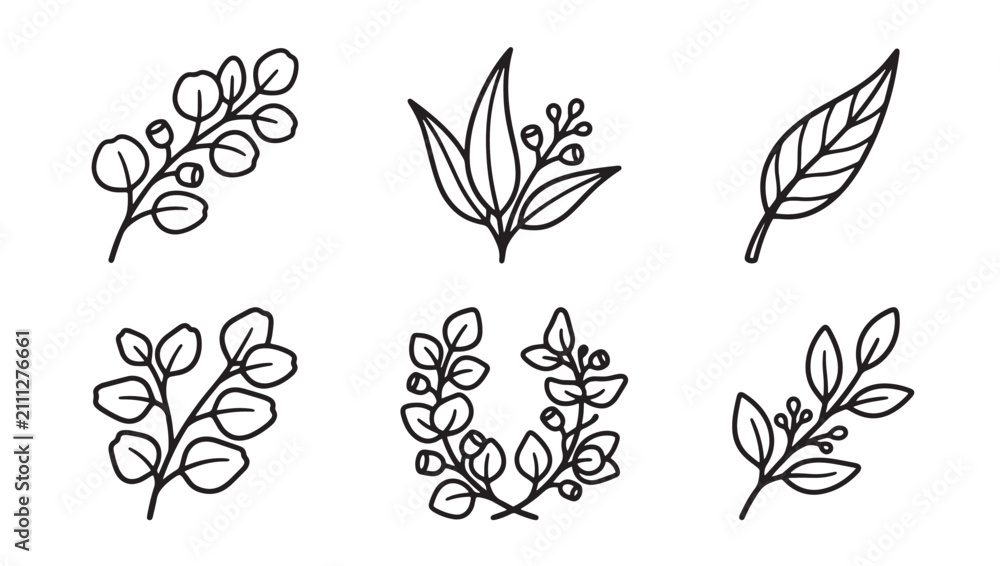 Fototapeta premium Assorted hand drawn botanical branches and decorative leaf sprigs with botanical illustration monochrome isolated collection ornament minimalist decorative creative composition greenery