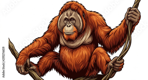 Photography Orangutan Hanging on Jungle Vine Vector Illustration Isolated on White Backgroun