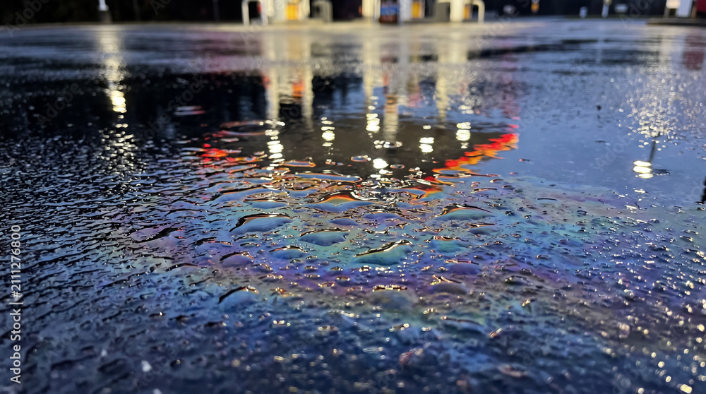 Obraz premium Oil slick on wet asphalt creating a rainbow spectrum reflection with bright urban lights at night