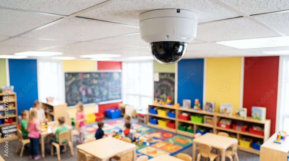 Fototapeta premium Security camera monitors children in a colorful kindergarten classroom during activities.