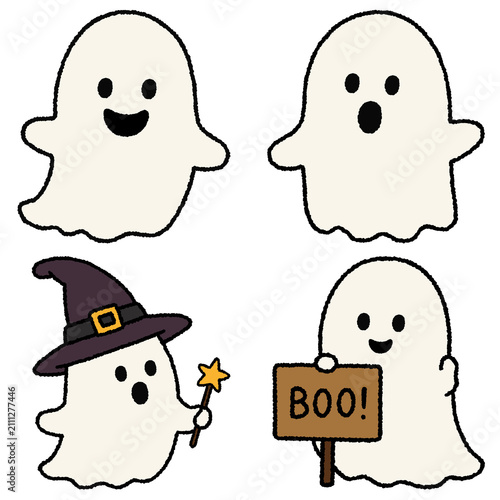 Foto Set of four cute ghost characters halloween clipart isolated on transparent back