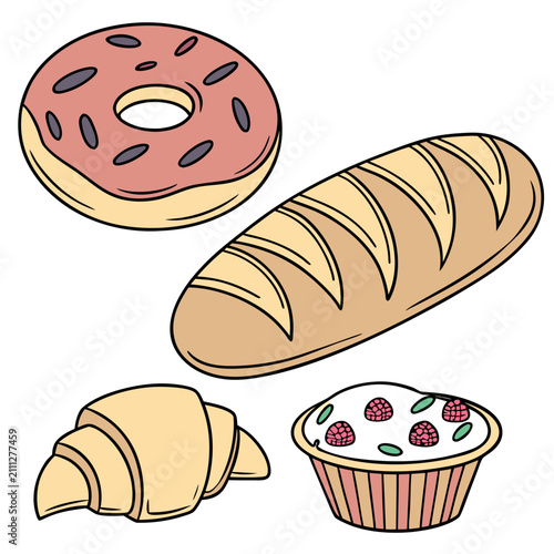 Фотография Set of fresh bakery items including a glazed donut, a crusty loaf of bread, a bu