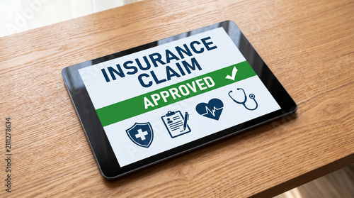 Digital tablet screen displaying a successful medical insurance claim approved status on a wooden office desk