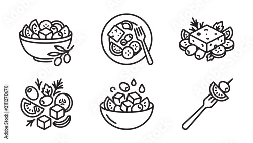 Greek salad and feta cheese meal hand drawn food icons with vegetable handdrawn ingredient mediterranean nutrition vegetarian collection illustration isolated appetizer