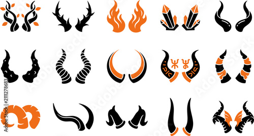 Fotografía Set of various fantasy animal and demon horns isolated on a white background for