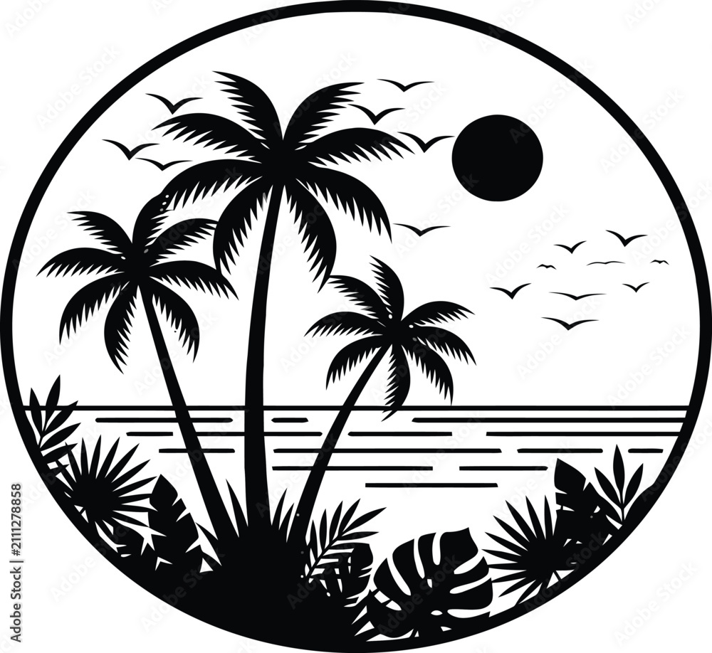 Fototapeta premium Tropical scene silhouette with palm trees sun and birds in a circular frame