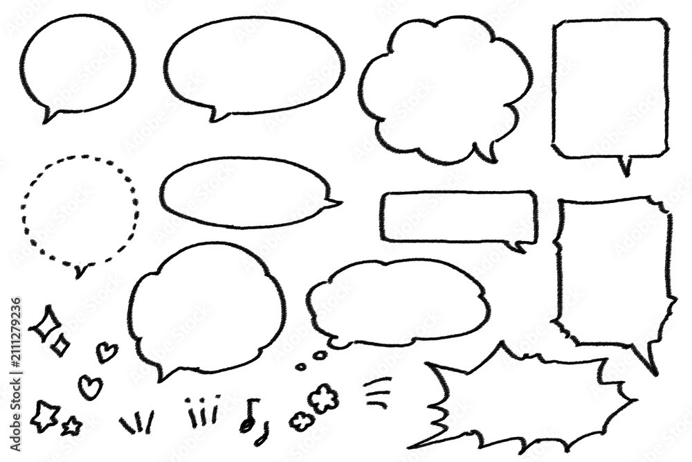 Fototapeta premium Black hand drawn speech bubble set, comic balloons and callouts, doodle dialog boxes collection ／ 手描き吹き出しセット モノクロ 手書き コミック 吹き出し・効果線・装飾 透過PNG