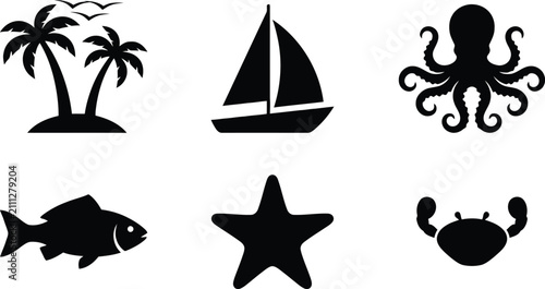 Konstfotografi Marine Life Silhouettes On White Background Nautical Vector Graphics