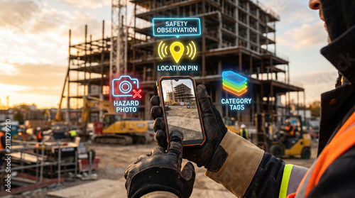 Construction worker using a rugged smartphone to monitor site safety with digital holographic augmented reality interface