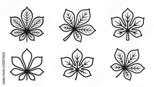 Hand drawn horse chestnut leaf collection icon set with chestnut botanical collection environment seasonal isolated illustration ornament decoration detailed structure