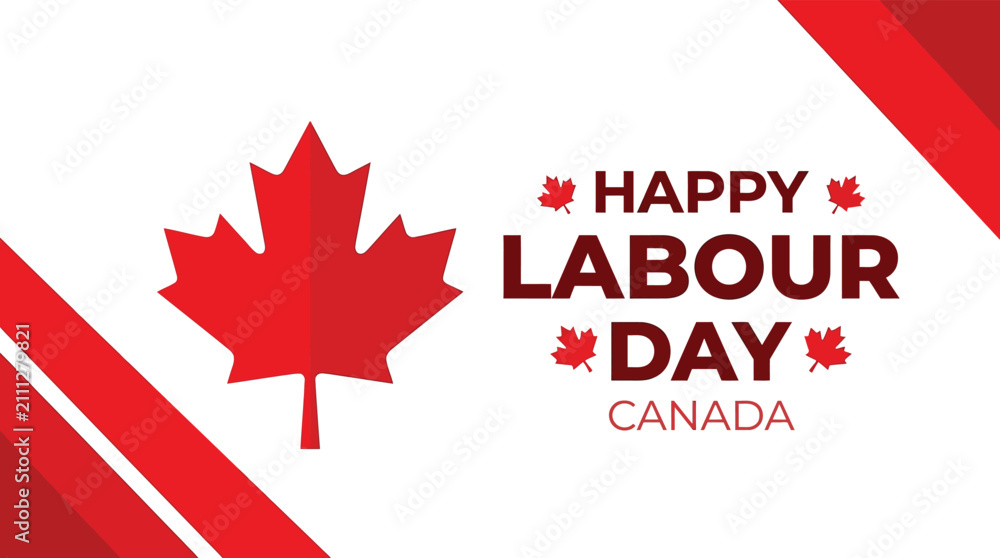 Fototapeta premium Happy labour day canada greeting card design with a red maple leaf and geometric corner accents on white