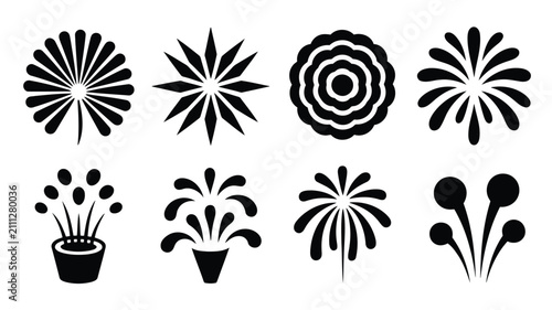 Firework vector icons set for celebration and festive design. Colorful fireworks illustrations for parties and events.