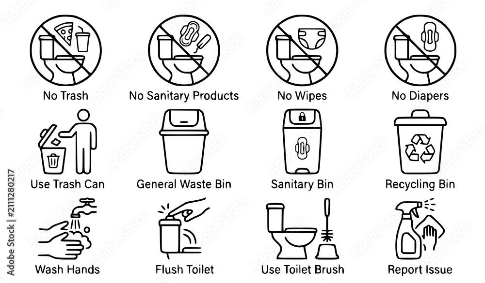 Fototapeta premium Toilet Litter Prevention Trash Bin Cleanliness Outline Icon