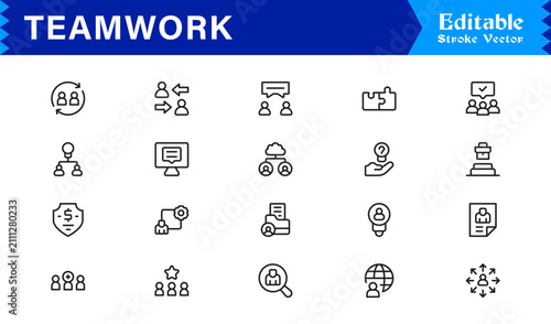 Teamwork icon set . including team success, meeting, brainstorming, and leadership symbols. Blue flat editable vector for business management and startup.
