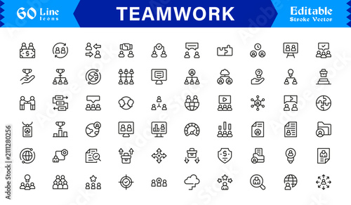 Teamwork icon set . including team success, meeting, brainstorming, and leadership symbols. Blue flat editable vector for business management and startup.