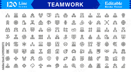 Teamwork icon set . including team success, meeting, brainstorming, and leadership symbols. Blue flat editable vector for business management and startup.
