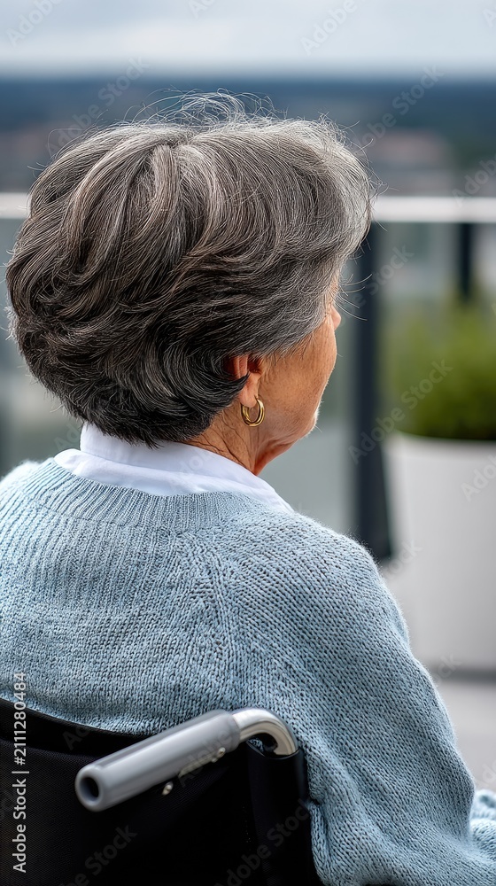 Fototapeta premium Elderly woman in a wheelchair looking at a bright landscape from a terrace on a sunny day