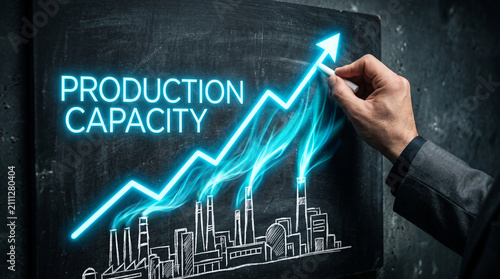 Professional hand drawing a glowing upward arrow chart about increasing production capacity on dark chalkboard