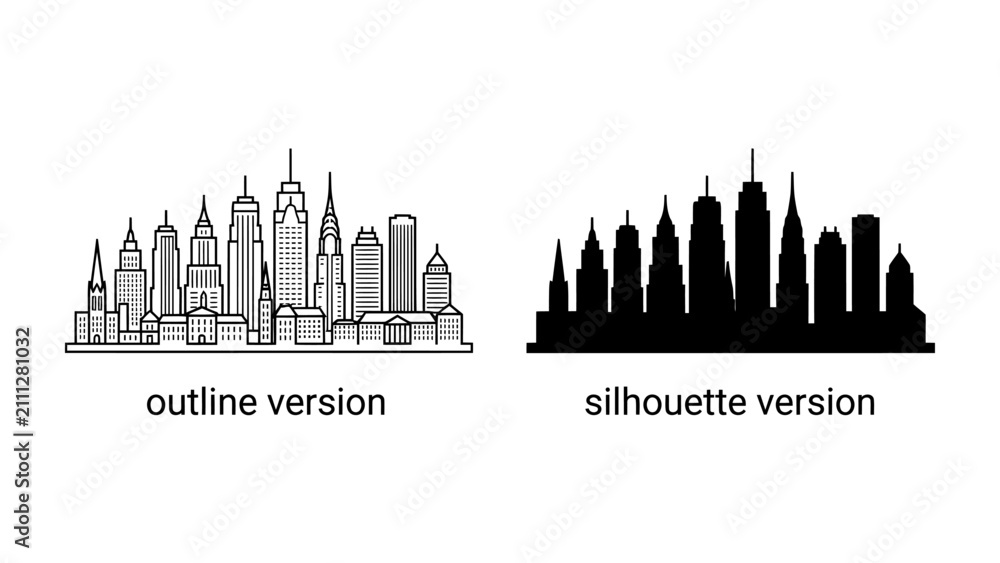 Fototapeta premium Two Views of a Cityscape: A comparison of a city skyline presented in both an outline drawing and a silhouette version, showcasing the iconic shapes of tall buildings.
