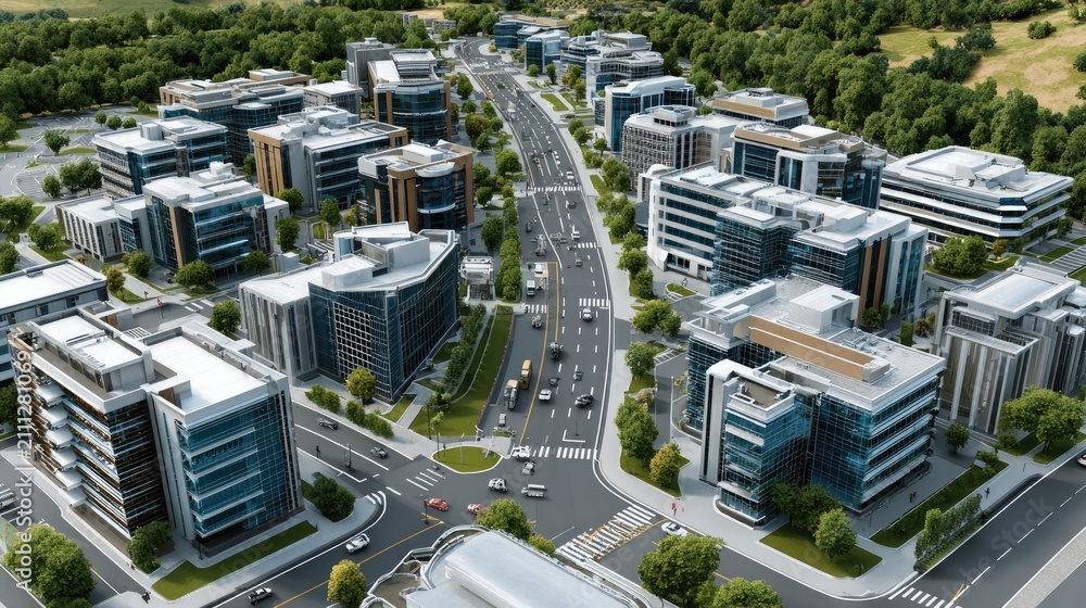 Fototapeta premium Modern Cityscape with Office Buildings and Road: A high-angle view of a sprawling urban development featuring contemporary office buildings, a busy multi-lane road with traffic.