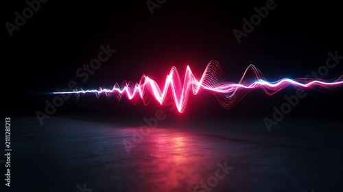 A 3D rendering of a neon soundwave traveling across a dark background