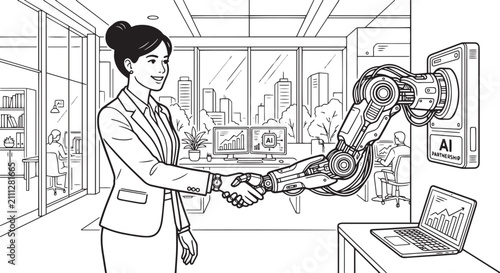 Clean line art illustration of a corporate woman shaking hands with a robot arm, human and white background.