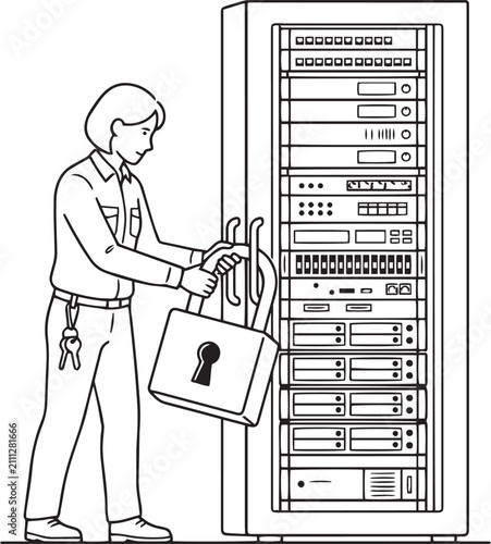 Minimal line art of an IT specialist securing a giant padlock on a computer server, cybersecurity and data protection concept, corporate tech style, clean black ink strokes, isolated on white.