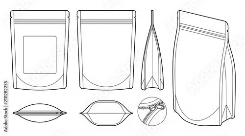 Stand-up Pouch Doypack Mockup Template Set with Zipper Line Drawing