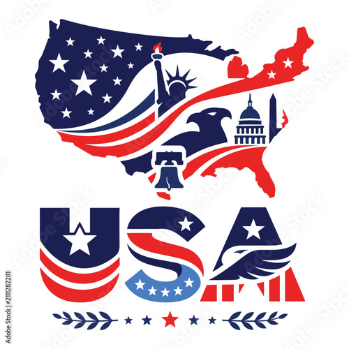 Premium USA Patriotic Flat Vector Illustration with Original American Map and Custom USA Typography, Modern Independence Day Design
