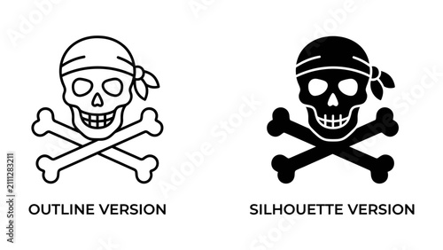 Obraz na płótnie Skull and Crossbones Icons: Two graphic representations of the skull and crossbones symbol, one as an outline and the other as a silhouette, commonly associated with danger or piracy