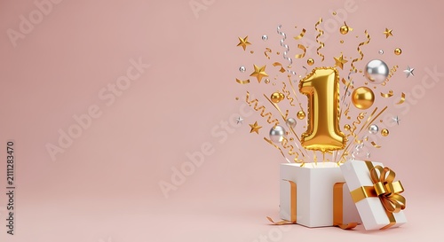 Golden Number One Balloon Emerging from Gift Box for First Celebration