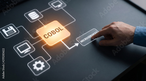 Professional software developer touching a glowing digital interface button about cobol and modern microservices integration strategy