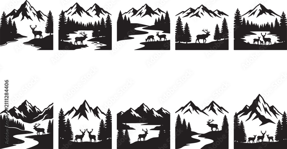 Obraz premium Set of ten black and white mountain landscape silhouettes featuring deer wildlife and pine forest scenes vector illustration