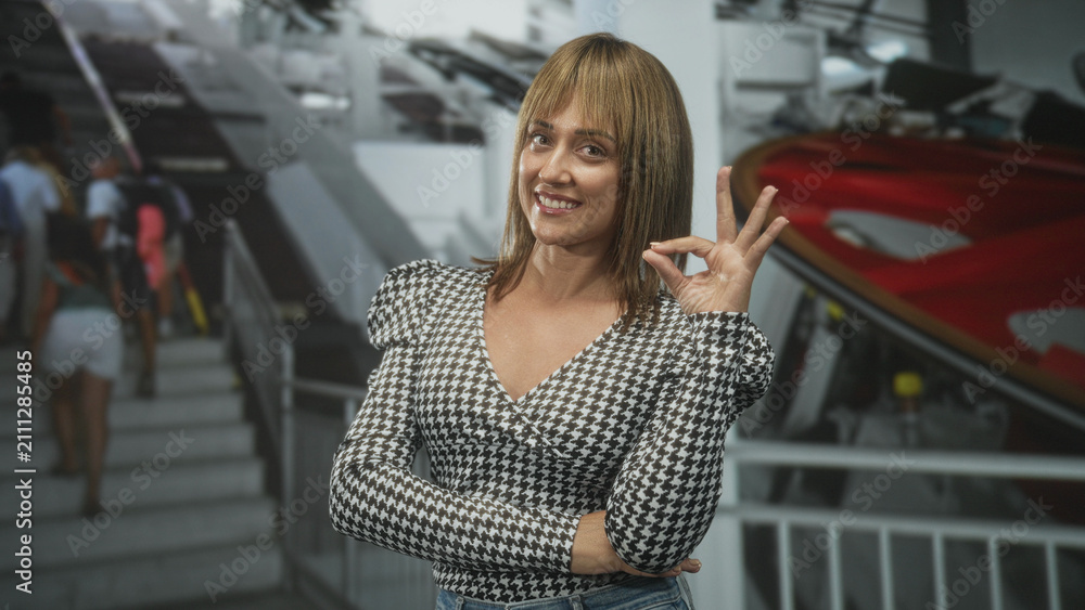 Fototapeta premium Woman smiling and making ok sign with right hand by red boat exhibit near stairs inside a museum; confidence leisure travel.