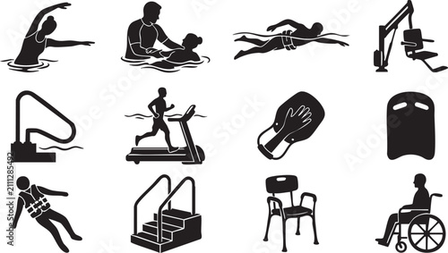 Set of black silhouette depicting swimming, aquatic therapy, rehabilitation equipment, pool accessibility and fitness activities for people with disabilities or injury recovery