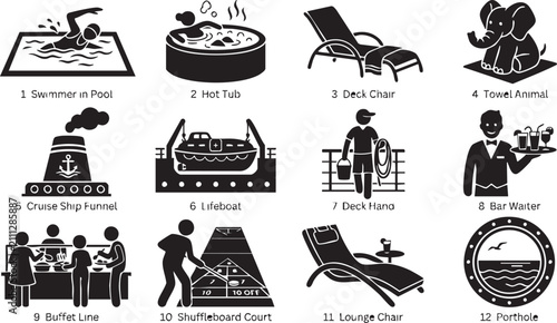 Foto Set of twelve black and white cruise ship activity featuring a swimmer, hot tub,