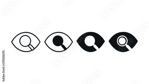 Eye search icon. View and visibility symbol with magnifying glass. Watching, scanning and visual inspection concept for user interface and navigation systems. UI element for search and content viewing