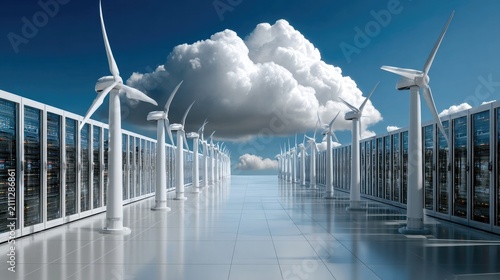 Sustainable Power: A futuristic scene combining wind turbines and server racks, symbolizing the intersection of renewable energy and cloud computing in a clean, bright environment.
