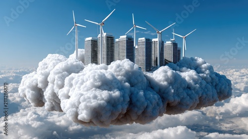 Cloud City: Futuristic cityscape with modern skyscrapers and wind turbines emerges from fluffy clouds, symbolizing sustainable energy and innovation in the sky.
